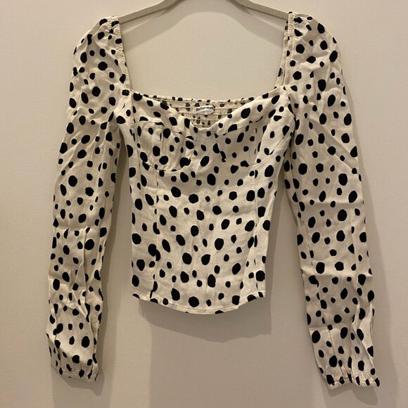 Reformation Fitted Mid Length Black and White Reign Blouse Top in Ink Blot - Picture 2 of 3